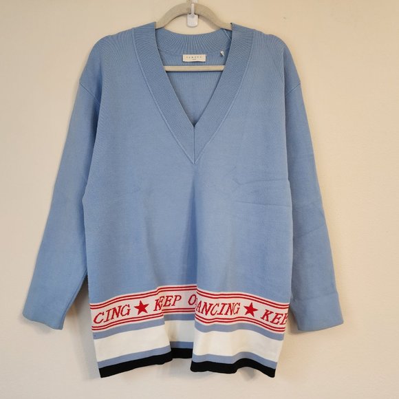 SANDRO Women Sweater Keep On Dancing Slogan Sweater in Blue, L, V Neck,Casual - Picture 4 of 16